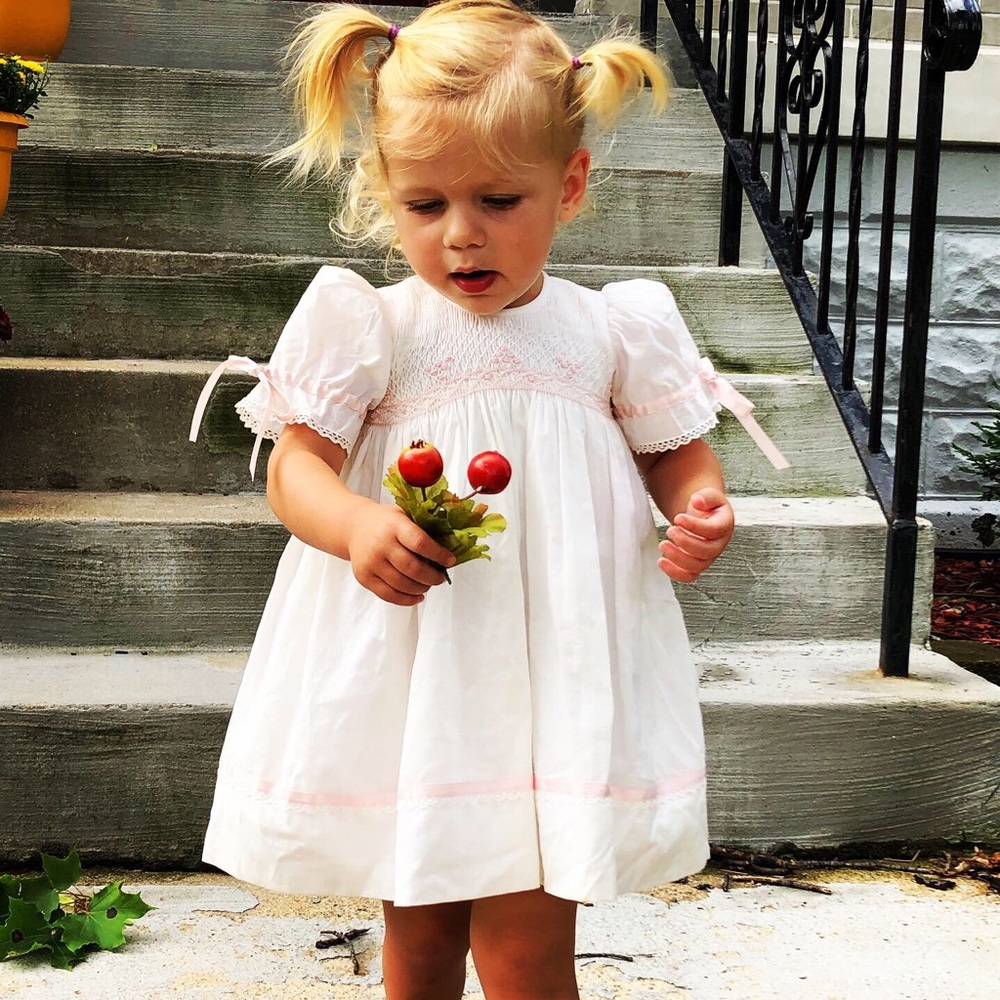 Strasburg cream and pink smocked dress 18-24 mths